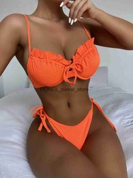 Women's Swimwear Sexy Underwire Bikini Women Solid Orange Push Up Ruffle Pleated Micro Swimsuit Cut Out Bandgae Bathing Suit Thong 2023H24222