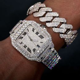 Cheap Hip Hop Jewelry Men Gold Plated Sterling Sier VVS Moissanite Diamond Iced Out Cuban Link Bracelet with Mechanical Watch