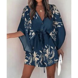 Basic Casual Dresses Womens casual vacation printed mini dress 2022 fashionable summer womens clothing new V-neck bat wing sleeve loose lace dress J240222