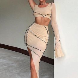 Work Dresses Apricot Irregular Stripe Sexy Skirt Set Single Flared Sleeve U Neck Cropped Top And High-waisted Mini Bottoms Mesh Sheer