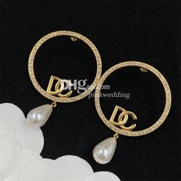 Large Hoop Earrings Luxury Letter Gold Plated Drop Stud Chic Pearl Diamond Stud Wedding Gift With Box