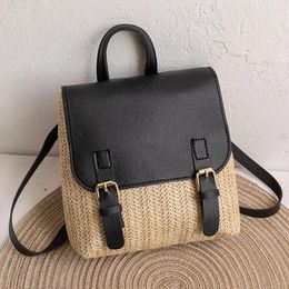 School Bags Vintage Straw Backpack Women's Fashion Shoulder Versatile Woven PU Leather Elegant Luxury Designer Mochilas