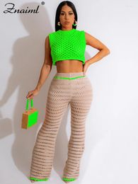 Women's Two Piece Pants Znaiml Summer Crochet Hollow Out Beach Wear Crop Top And Wide Leg Co Ord Set For Woman Sets Sexy Club Outfits