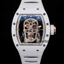 RM Chronograph Swiss Wrist Watch Collection Wristwatch Richarder Milles Rm52-01 Skull Head White Ceramic Manual Mechanical Full Hollow Movement Mens Watch