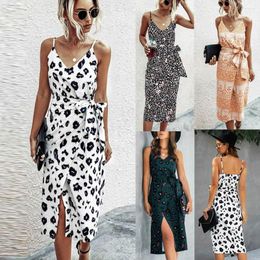 Casual Dresses Sleeveless Midi Women Camisole Boh Leopard Print Dress V-Neck Knee-Length Summer