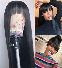 Heat Resistant Fibre Synthetic Lace Front Wig for Black Women Black Colour Silk Straight Lace Front Wigs with Bangs2901830