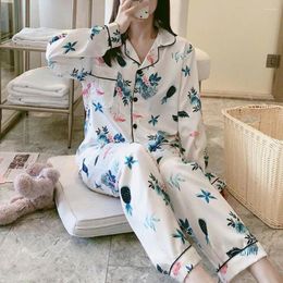 Women's Sleepwear Comfortable Pyjama Set Floral Print Silky For Women Long Sleeve Homewear Shirt Wide Leg Pants Spring Summer