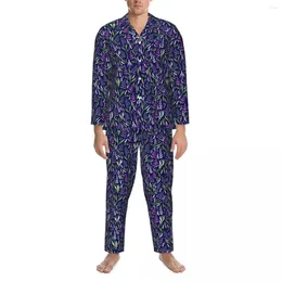 Men's Sleepwear Purple And Pink Lavender Pyjamas Men Watercolour Floral Lovely Daily Nightwear Spring 2 Pieces Casual Loose Oversize Home
