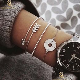 Bangle Newest Bohemian Style Arrow Bangle Carved Compass Metallic Beads Chain Sier Charm Bracelet For Women Fashion Jewelry Set Drop Dhtuj