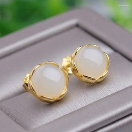Dangle Earrings Natural Hetian Jade White Flower Stud Women's Small Round Exquisite Refined Grace S925 Sterling Silver