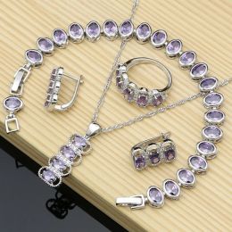 Sets 925 Sterling Silver Bridal Dubai Jewelry Sets For Women Purple CZ Earrings Rings Dropshipping Necklace Set Fashion Gift For Her