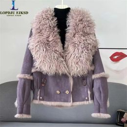 Fur Leather Jacket for Women, Wool Collar, Rabbit Fur Coat,Loose Short Overcoat, Warm Female Clothing, Winter, High Quality, New
