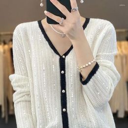 Women's Blouses Fashion V-Neck Spliced Button Casual Sequined Shirts Clothing 2024 Autumn Loose All-match Tops Knitted Commuter