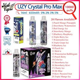 Authentic UZY Crystal Pro Max 10000 Puff Disposable Vape Pen E Cigarettes 1.2ohm Mesh Coil 16ml Pre-filled Pod 650 mAh Battery Rechargeable Puffs 10K 0% 2% 3% 5% Strength