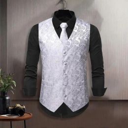Pocket Square Vest Set Men Party Vest Stylish Retro Groom Wedding Waistcoat with Printed V Neck Slim Fit Pocket Square for