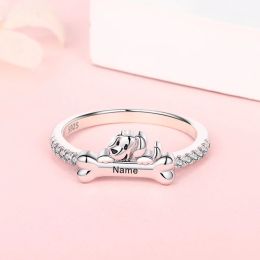 Rings Personalized Sterling Sier Custom Name Dog Bone Ring Gorgeous Zircon Engraved with Initial Date Coordinate Name Jewelry