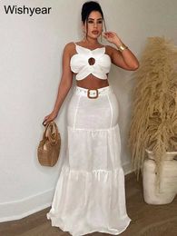 Basic Casual Dresses Summer Beach Holiday Long sleeved Backless Flower White 2-piece Ski Set Womens Sexy Birthday Party Dress J240222
