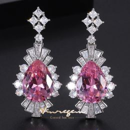 Earrings Vinregem 13*18MM Pear Lab Created Emerald Pink Sapphire Aquamarine Gemstone Sona Diamond Drop Dangle Earrings Jewelry Wholesale
