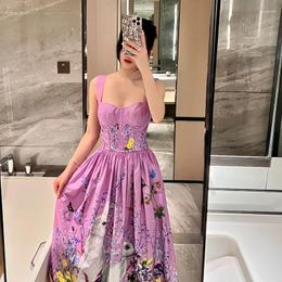 Casual Dresses Latest Women Top Quality Purple Cartoon Floral Printing Corset Elastic Bust Vintage Midi Dress For Summer Holiday