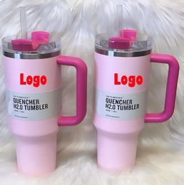 Pink Flamingo H2.0 logo pink tie dye 40 oz cup with handle insulated tumbler cover straw stainless steel coffee cup with X Copy logo Watermelon Moonshine 0222
