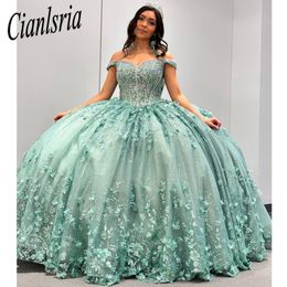 Mint Green Quinceanera Dress Off The Shoulder Ball Gown 3D Flowers Appliques Lace Corset Sweet 15 Vestidos De XV Anos