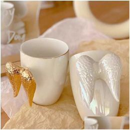 Tumblers Ins Style White Ceramic Mug Angel Wings Office Home Coffee Milk Porcelain Cup Creative Drinkware Couple Unique Gift 400Ml M Dhjwn