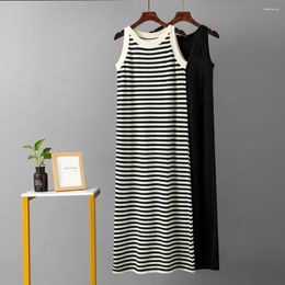 Casual Dresses HLBCBG 2024 Luxury Spring Summer Contrast Stripe Knitted Sleeveless Tank Dress O-neck Loose Split Long Dresse