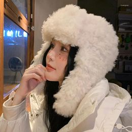Berets Korean Fluffy Warm Bomber Hats For Women Autumn Winter Cute Furry Ear Protectors Beanies Hat Cold Protection Riding