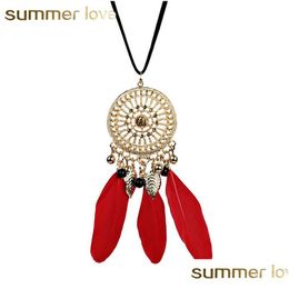 Pendant Necklaces New Arrival Sliver Hollow Dream Catcher Tassel Pendant Necklace For Women Elegant Red Black Feather Bohemi Dhgarden Dhnqc