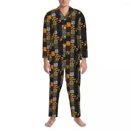 Men's Sleepwear Afro Patchwork Print Pyjamas Men Retro Plaid Trendy Room Spring Two Piece Vintage Oversize Custom Pyjama Sets