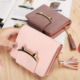 Female Purse Cute Cat Ears Leather Short Tassel Women Wallet Small Day Clutch Trifold ID Coin Card Holder Mini Bag 2023