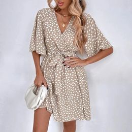 Casual Dresses Summer For Women 2024 Short Sleeve Ruffle Floral Print Dress Wrap V Neck Flowy With Belt