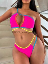 Women's Swimwear Sexy Hot Pink Constrast Bikini Women One Shoulder Ring Linked Hollow Out Micro Swimsuit 2023 Beach Bathing Suit ThongH24222