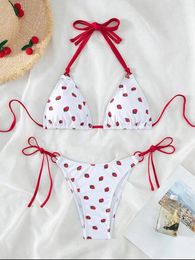 Women's Swimwear Sexy Women Cute Strawberry Print Halter String Micro Bikini Sets Two Pieces Swimsuit Bathing Suit Beach Outfits Biquini