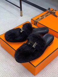 Fashion Fur Slippers Women Round Toe Horse Hair Slides Female Mohair Black Mules Shoes Flat Half Slipper Woman Casual plush shoes With Box 37 39 38 40 41