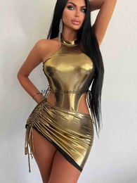 Women's Swimwear Sexy Gold One Piece Swimsuit Women Silver Hollow Out Backless Pleate Skirt 2024 Beach Bathing Suit Swimming MonokiniH24222