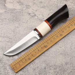 1Pcs New A2272 Survival Hunting Knife 5Cr13Mov Satin Straight Point Blade Ebony Handle Outdoor Camping Hiking Survival Straight Knives with Leather Sheath