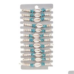 Charm Bracelets 12Pcs Fashion Jewellery Charm Bracelets Set Adjustable Shell Turquoise Wood Beads Starfish Woven Bracelet Animal Design Dh2G1