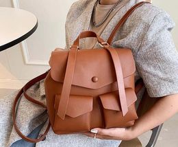 School Bags Women's Solid Soft Leather Backpack Preppy Style Bag Casual Double Shoulder Travel Handbag