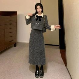 Two Piece Dress UNXX 2024 Autumn-Winter Korean-style Ensemble High-end Chic Style Butterfly Knot Woolen Outerwear And Skirt Two-Piece Set