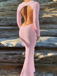 Elegant Womens Pink Hollow Backless Sweater Street Womens Sexy High Waist Tight Knitted Long Skirt 240222