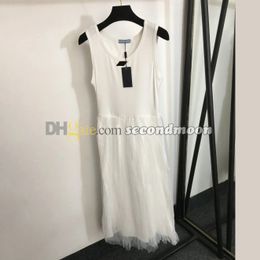 Women Gauze Dress Metal Badge Luxury Dresses Summer Breathable Sleeveless Dress U Neck Dresses