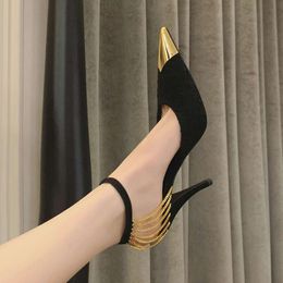 Sexy Thin Heels New Fashion Women Shoes Ladies Golden Metal Chain Pointed Toe Pump High Heel Black Office Sandal