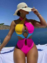 Women's Swimwear Sexy Constrast Colour Women Halter Cross Underwire Cut Out One Piece Swimsuit Bathing Suit Hot Pink Patchwork BikiniH24222