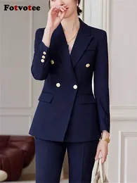 Women's Two Piece Pants Fotvotee Women Office Ladies Pant Suits Autumn Winter 2024 Fashion Long Sleeve Formal Blazer Jacket And Trousers 2