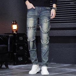 Jeans masculinos 2024 outono e inverno de alta qualidade pernas reta retchwork Rise Retro Retro angustiado Calças casuais