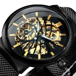 Ultra Thin Automatic Mechanical Watch Men Gold Bird Pattern Design Mesh Strap Skeleton Wrist Wristwatches206w