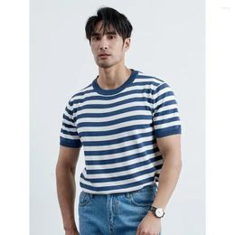 Men's T Shirts 2024 Short-sleeved Knit T-shirt Fashion Casual Breathable Contrast Color Round Neck Stripe Top X36