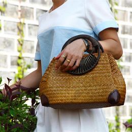 Evening Bags Fashion Women's Hand Bag F Thai Version Of The Straw Retro Vase Vine Travel Beach Bamboo Wood Handle Handbag