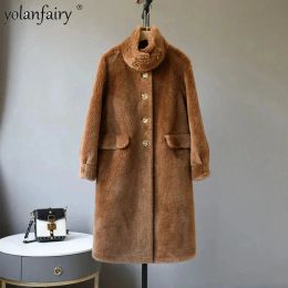 Jackets 2023 New 100% Pure Wool Fur Coat Women's Lamb Sheep Shearing Women Winter Coats and Jackets Medium Long Stand Collar Jacket